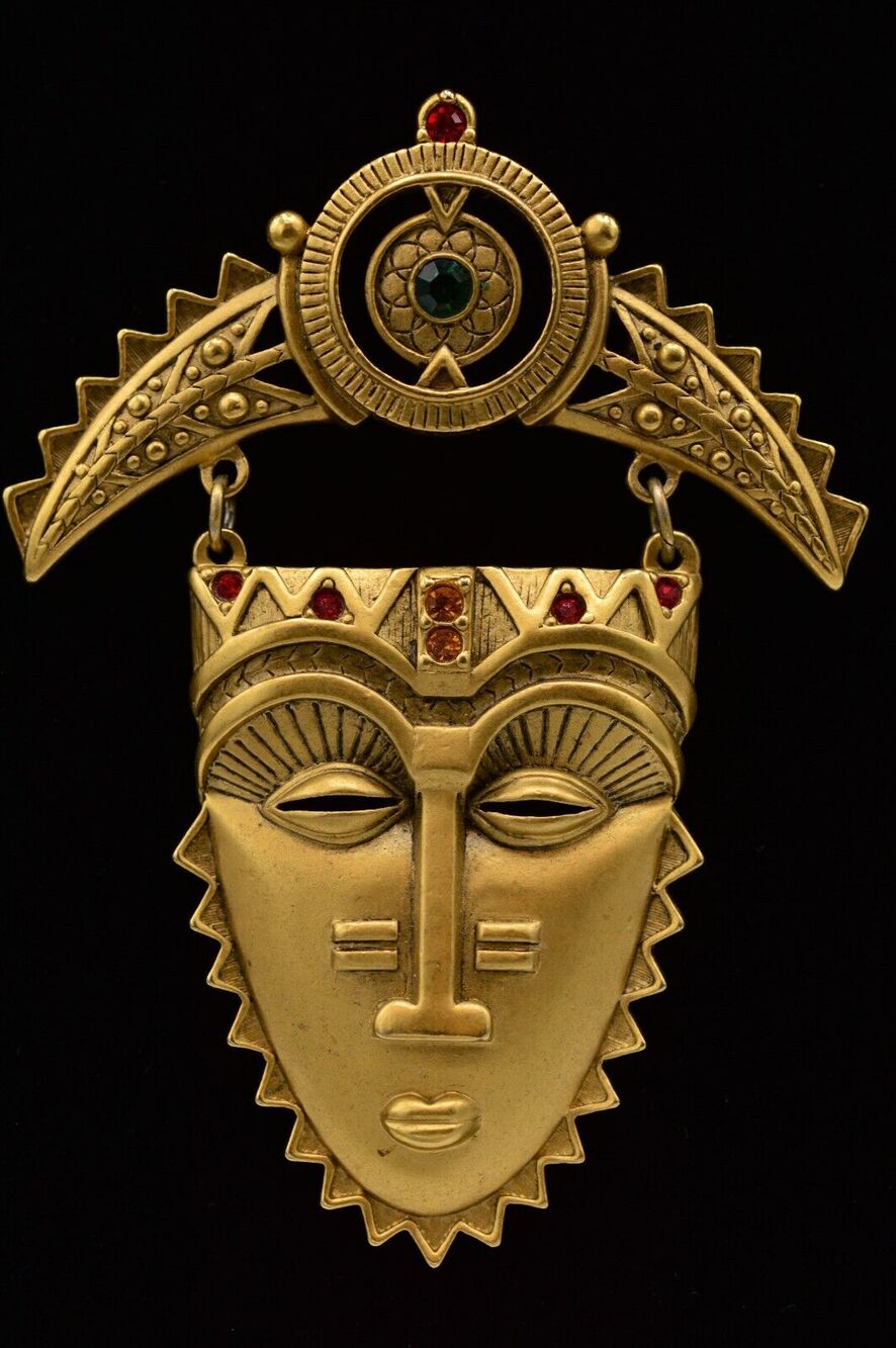 Avon Vintage Mask Pin Brooch Tribal Aztec Dangle Antiqued Brushed Gold 80s Bin4